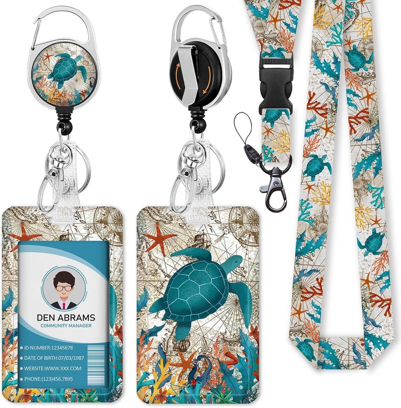 Piefly Lanyards for Id Badges, Badge Holder with Retractable Reel Clip, Sea Turtle Cute Card Name Tag Lanyard Vertical ID Card Protector Case for Women Nurse Nursing Doctor Teacher Student Kids - Image 1